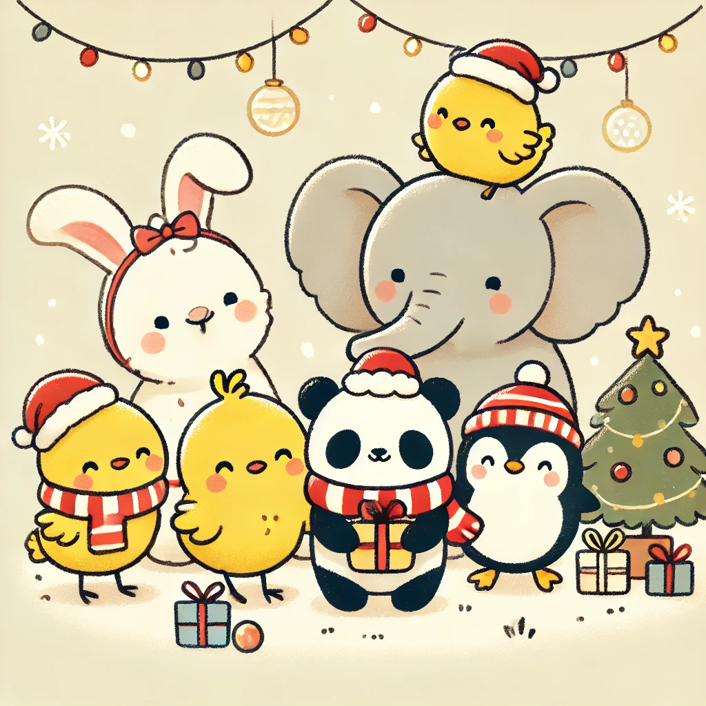 クリスマスパーティーを楽しむヒヨコ三兄弟とお友達のイラストピヨ🐤あれ？でも誰か足りない😥