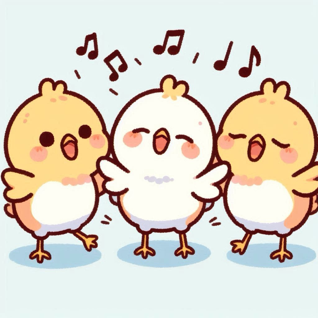 楽しそうにみんなで歌っているヒヨコ三兄弟ピヨ🐤左から順番にぴもんくん、ヒヨコくん、ひよたくんピヨ