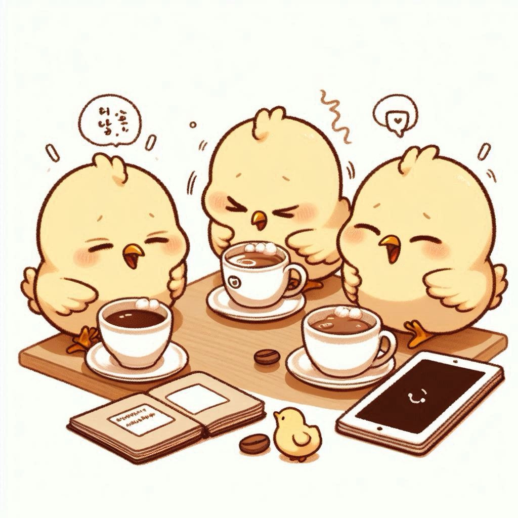 コーヒーを飲んで感動しているヒヨコ三兄弟ピヨ🐤🐤🐤みんなニッコニコピヨ✨