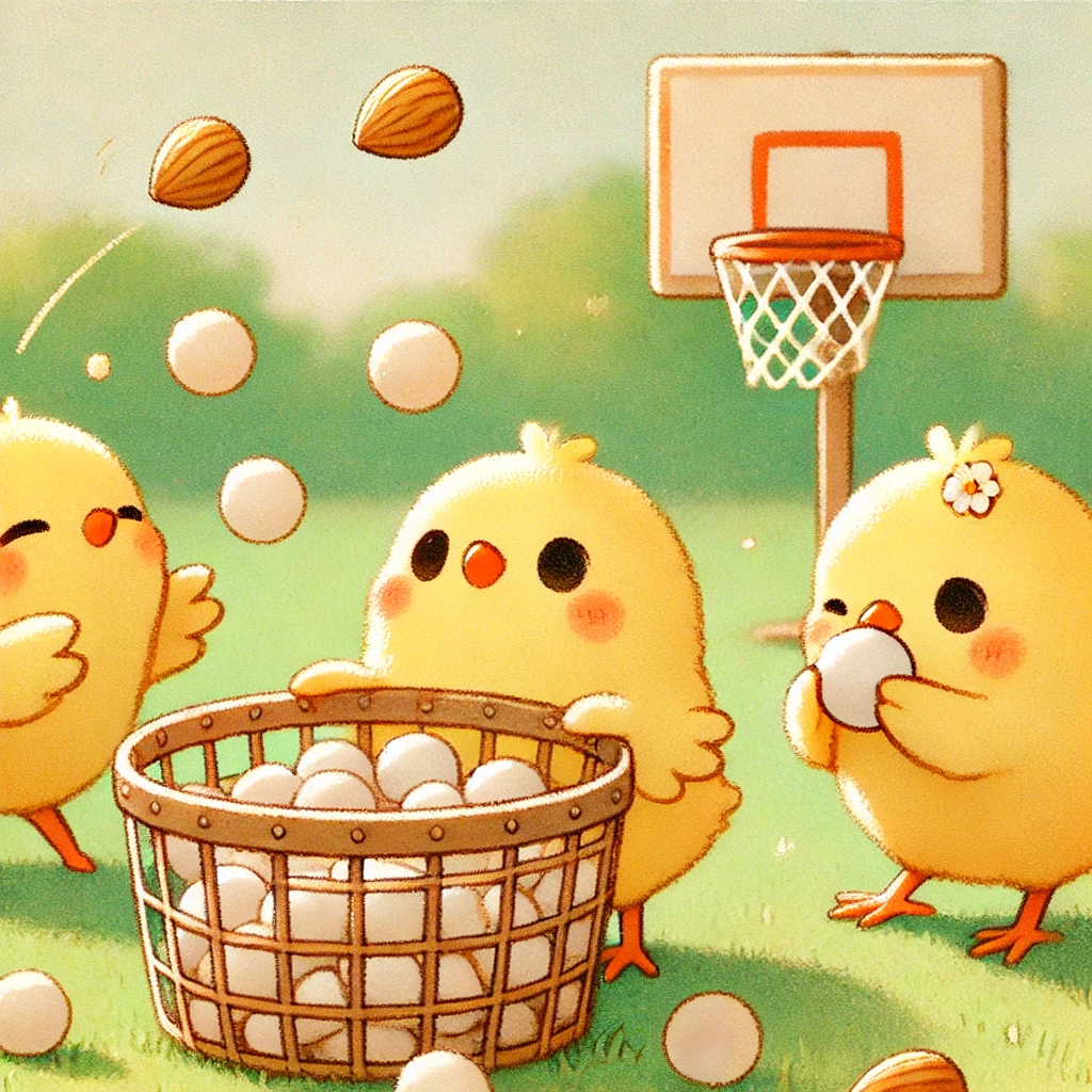玉入れしているヒヨコ三兄弟ピヨ！元気いっぱいのヒヨコくん、ほわほわしているぴもんくん、狙いを定めるひよたくんピヨー🐤