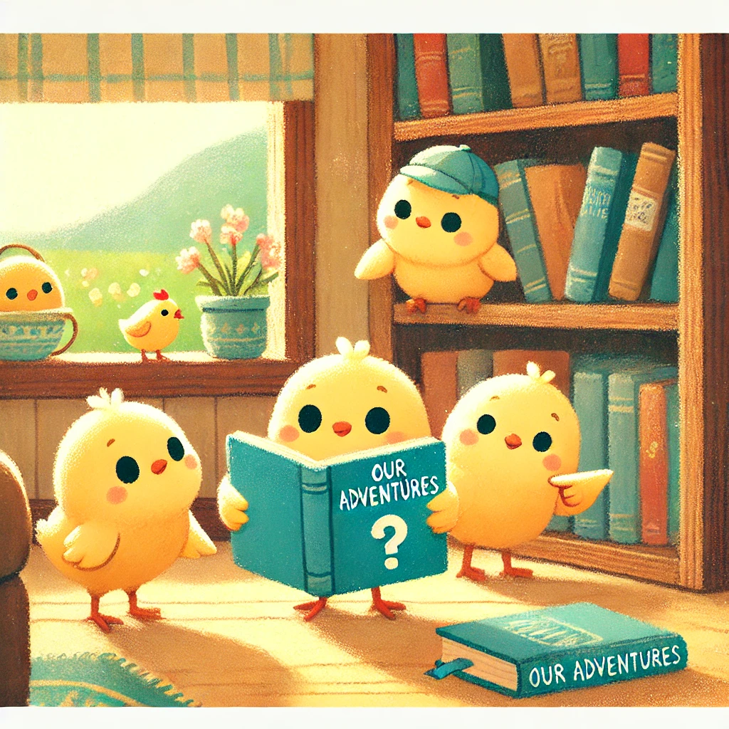 青い本を覗き込む三兄弟のイラストピヨ！後ろにいるもう1羽は誰ピヨ？笑