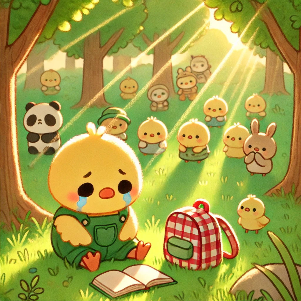 しょんぼり涙を流しているヒヨコくん。アニマルランドのみんなが探しにきてくれたピヨよ🐤よかったね！