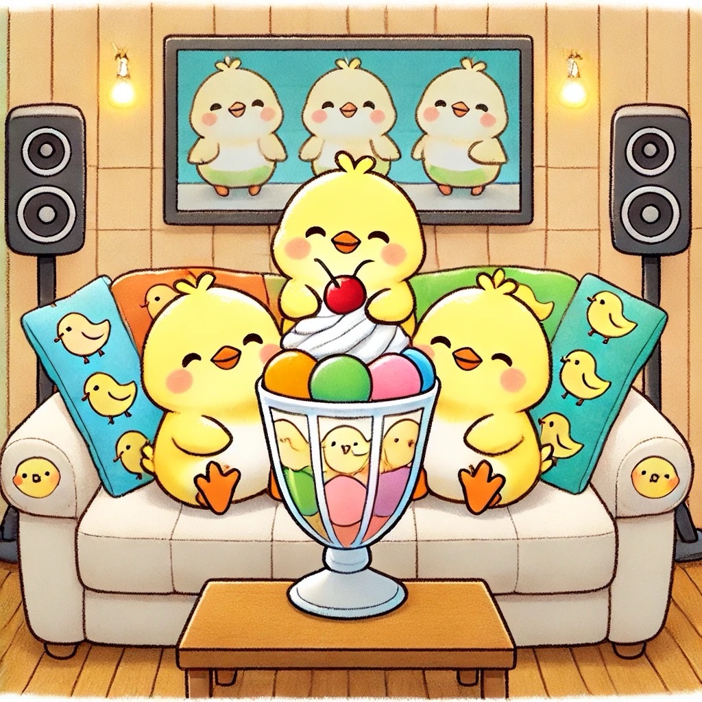 ぴもんくんが注文した巨大なパフェを3話で囲んでいるところピヨ！みんな満面の笑顔でめっちゃうれしそうピヨ🐤