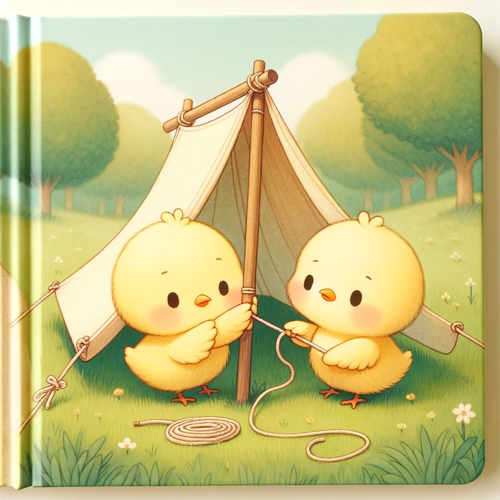 このイラストにはテントをたてるヒヨコくんとひよたくんが描かれているピヨ🐤