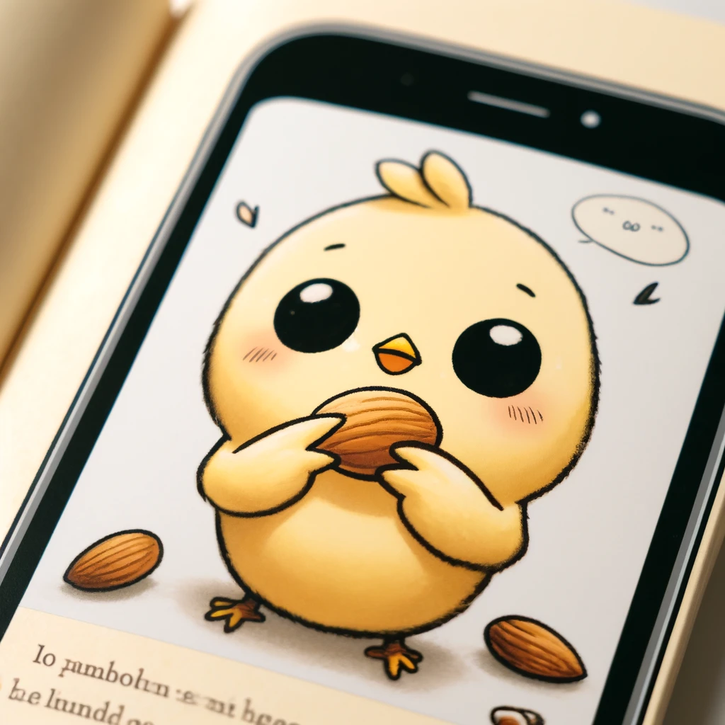 このイラストにはアーモンドを持って目をキラキラさせているぴもんくんがピヨフォンの画面に映ったところが描かれているピヨ！