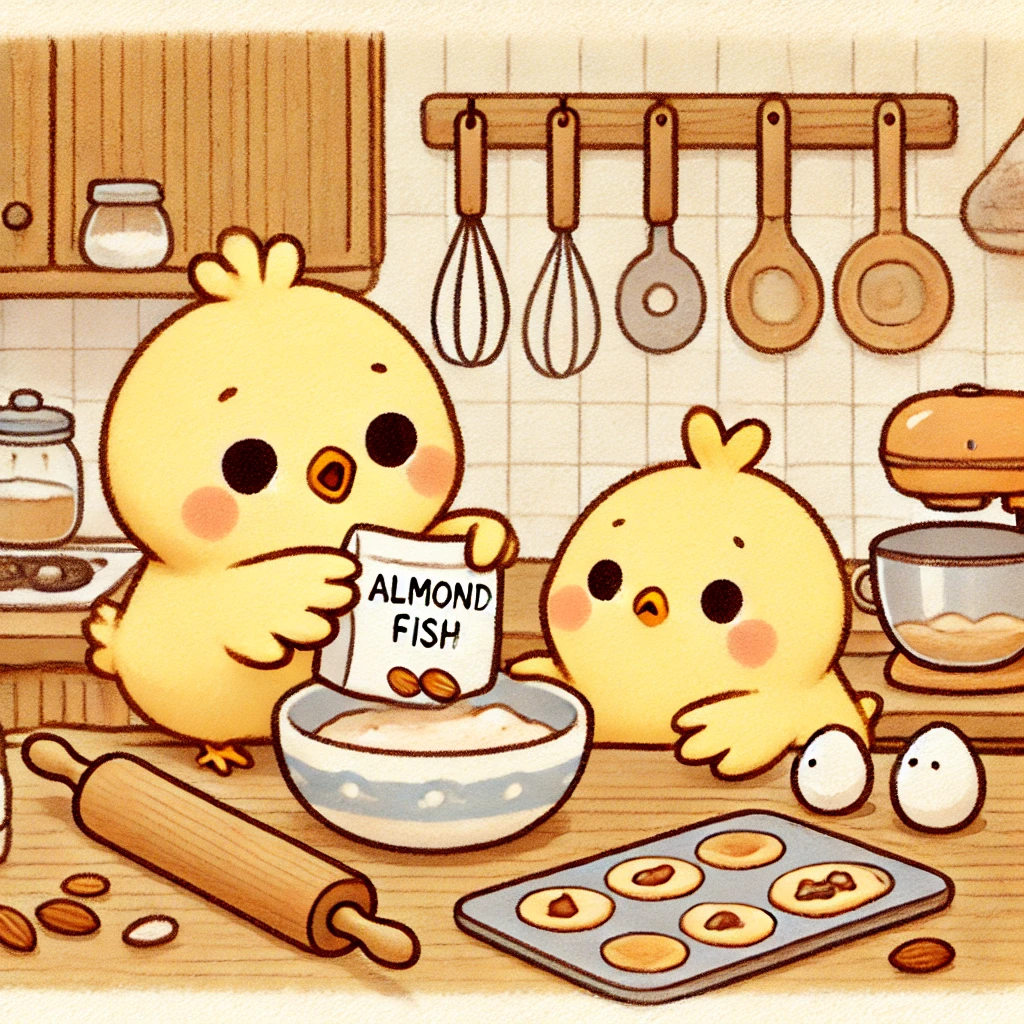 このイラストには、クッキー生地にフィッシュアーモンドを入れようとするぴもんくんと、それを止めるひよたくんが描かれているピヨ！ひよたくんナイスピヨ🐤