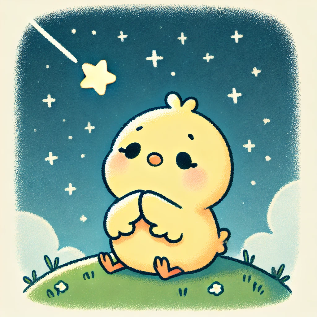 このイラストには、流れ星に一生懸命お祈りしているぴもんくんが描かれているピヨ🐤