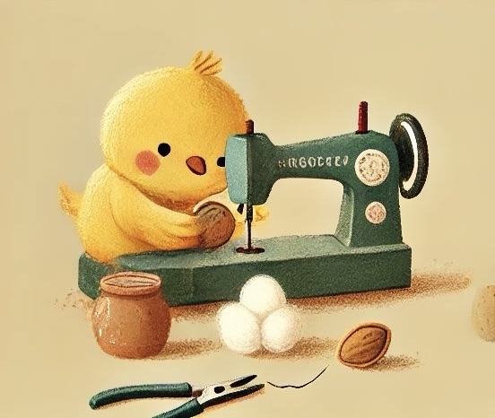 このイラストには、ミシンでアーモンド型のクッションを作ろうとしているぴもんくんが描かれているピヨ🐤