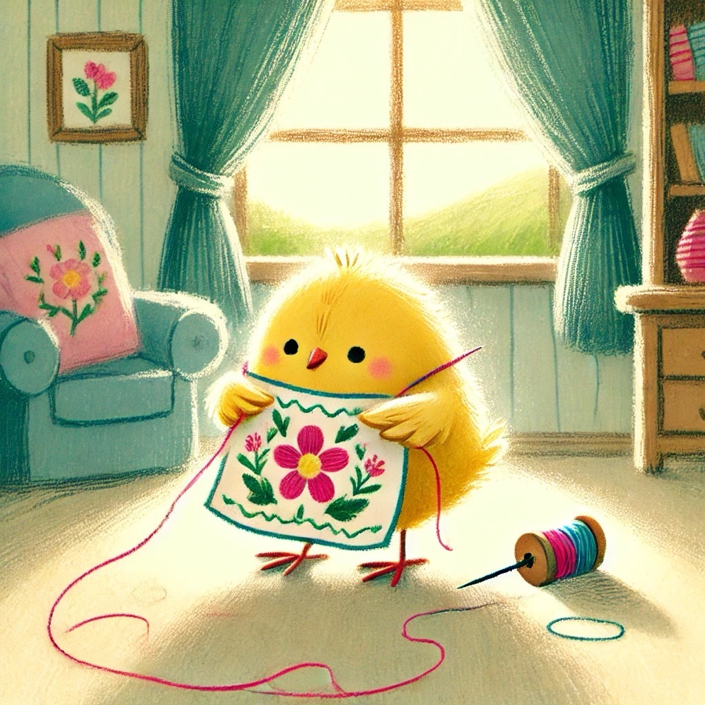 このイラストには、お花の刺繍をするひよたくんが描かれているピヨ！心がこもってるピヨね🐤