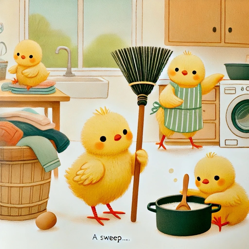 このイラストは、ほうきをもったヒヨコくん、洗濯物をするぴもんくん、ご飯の準備をするひよたくんが描かれているピヨ🐤