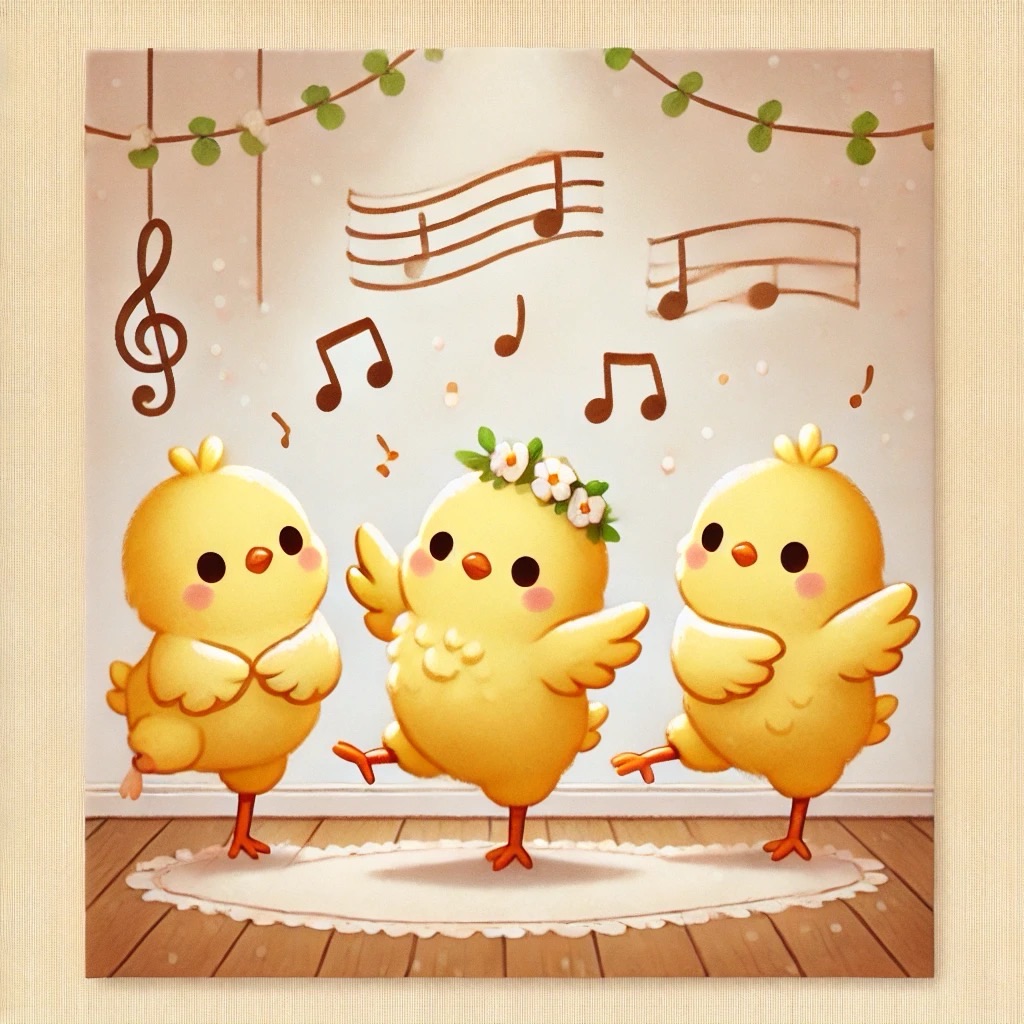 このイラストには、パパへのサプライズのヒヨコダンスを披露する様子が描かれてるピヨ🐤ヒヨコくん、頭に花つけて可愛いピヨ！