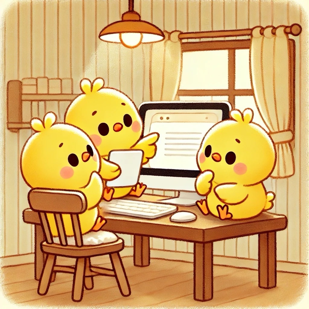 このイラストは、パソコンを前に作戦会議をするヒヨコ三兄弟がピヨ🐤紙になにやら書き出してモニターを指さして説明してる姿が可愛いピヨね！