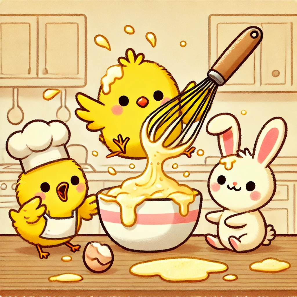 このイラストには、、ボウルに並々入っている生地を飛び散らせてしまっているヒヨコくん、それを止めるひよたくん、記事がぺっちょりついても笑顔のベルちゃんが描かれていますピヨ。