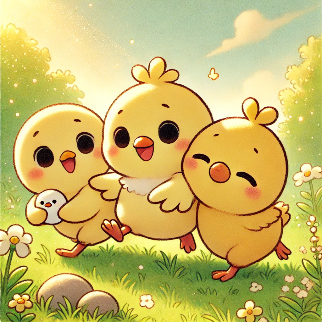 このイラストには、仲良く遊んでいるひよこさん兄弟が描かれているピヨ。ひよたくんも笑顔でうれしそうピヨ！