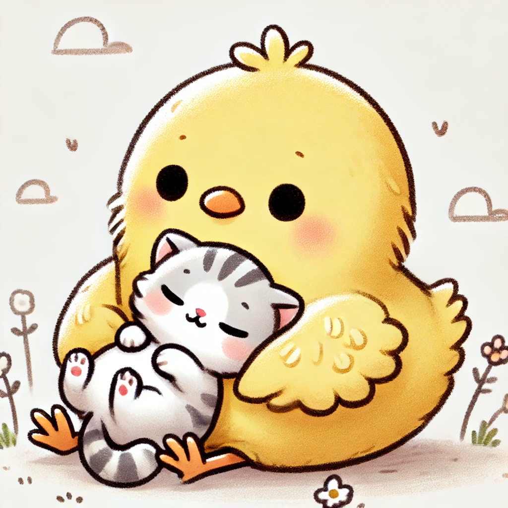 このイラストには、子猫ちゃんをお腹に乗せてリラックスさせているぴもんくんが描かれているピヨ！ふんわり優しいピヨ！