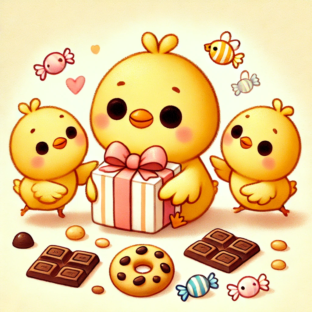 このイラストには、ぴもんくんとひよたくんにお菓子をプレゼントしているひよこくんが描かれているピヨ！お兄ちゃんの意見で他の子よりちょっと大きく見えるピヨ！笑