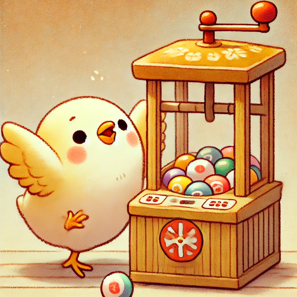 このイラストには、くじ引き機の前ではしゃいでいるヒヨコくんが描かれているピヨ！