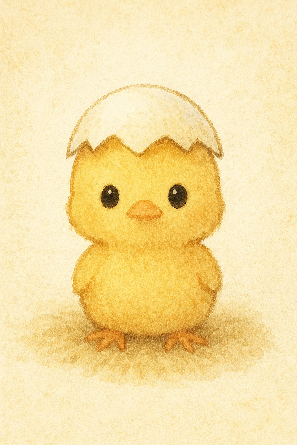 このイラストは、生まれたてのひよたくんです。頭の上に卵の殻を乗せてるけど、表情は凛としているピヨ！