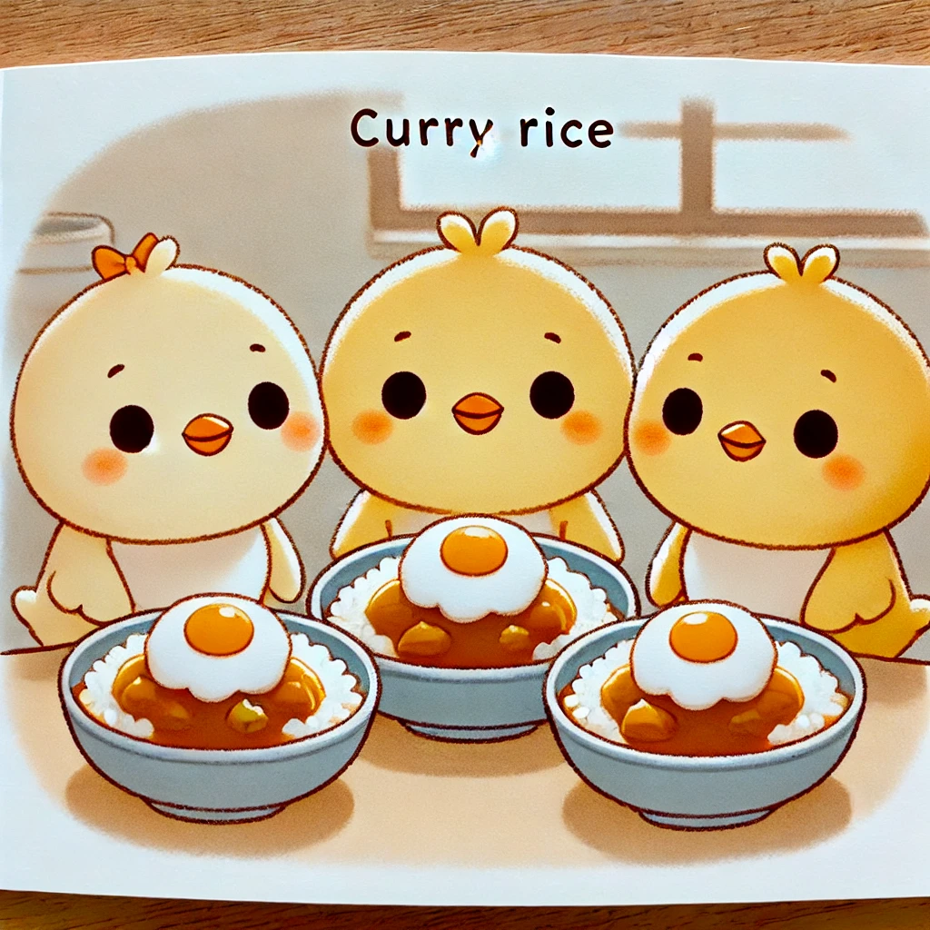 このイラストには、ヒヨコ三兄弟が美味しそうなカレーライスを前に嬉しそうにしているところが描かれているピヨ！みんなで食べると美味しいピヨね！