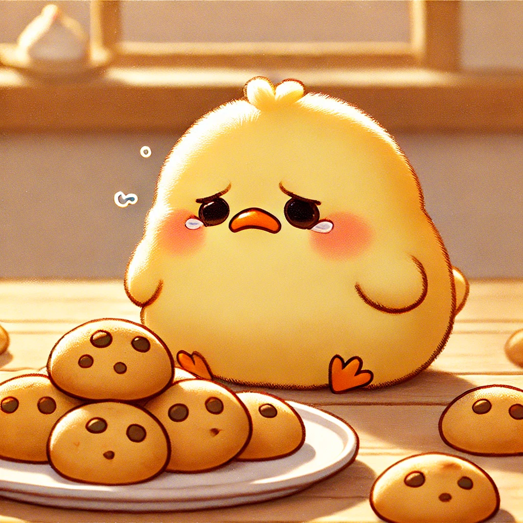 このイラストには、クッキーを我慢するのに寂しそうな顔をしているぴもんくんが描かれているピヨ！うっすら涙を止めてピヨ！