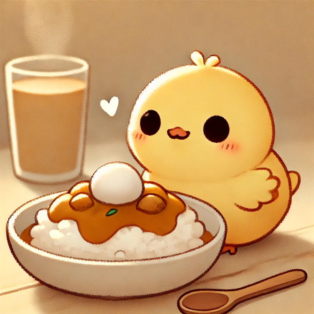 このイラストには、大盛りのカレーライスを目の前ににっこりしているひよたくんが描かれていますピヨ！可愛いピヨ！