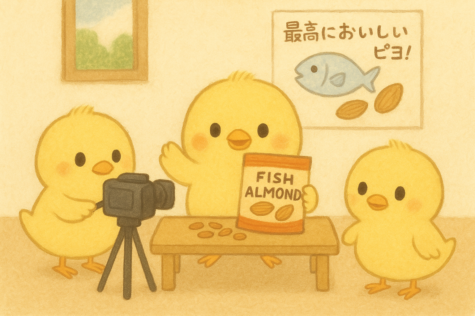 このイラストには、カメラをもったヒヨコくん、「FISH ALMOND」を持ってるぴもんくん、2人を見守るひよたくんが描かれています。