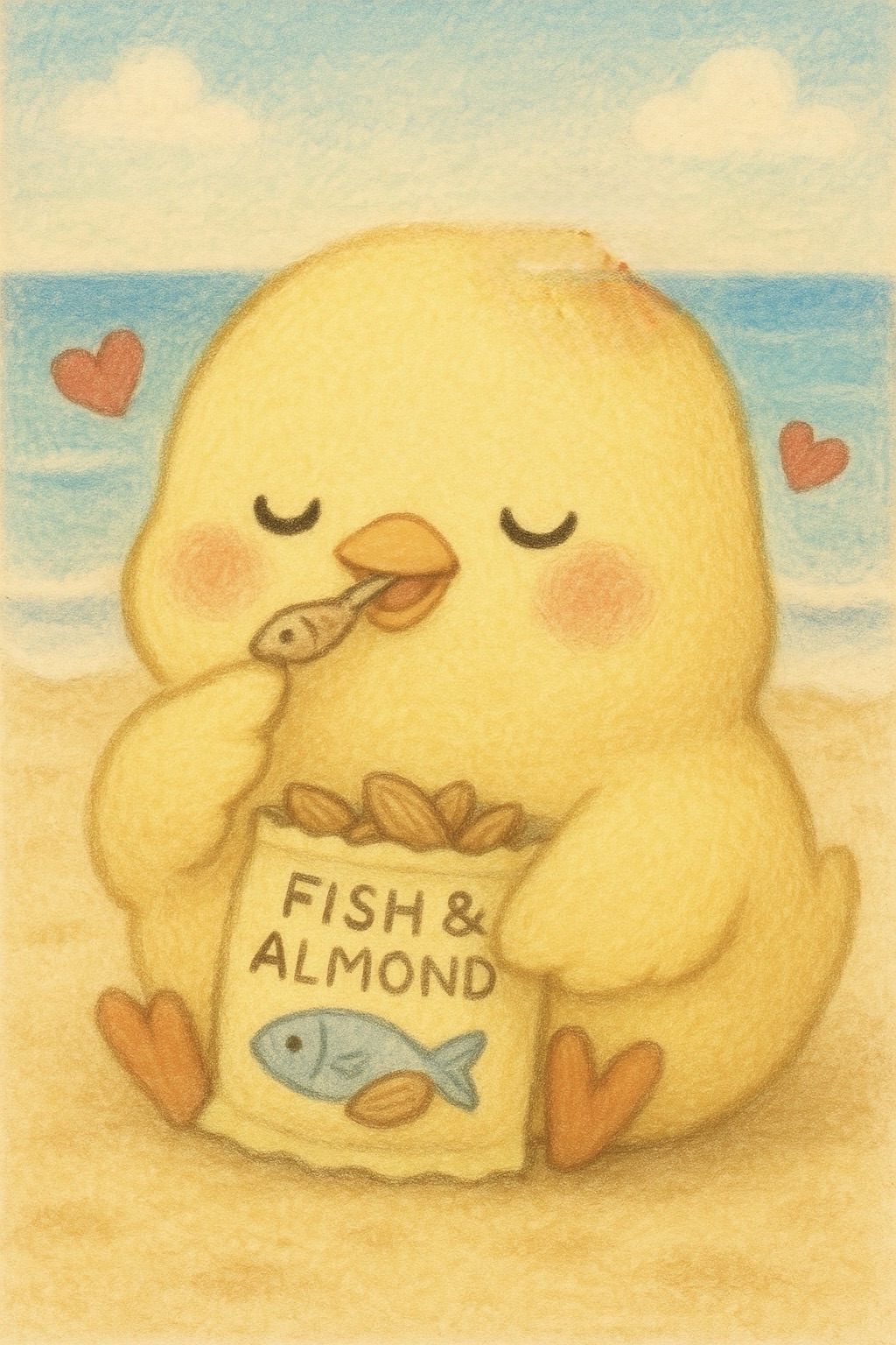 このイラストには、フィッシュアーモンドを食べて、目を閉じてうっとりしているぴもんくんが描かれているピヨ！ハートが飛んで、ほっぺを赤くして幸せそうピヨ！