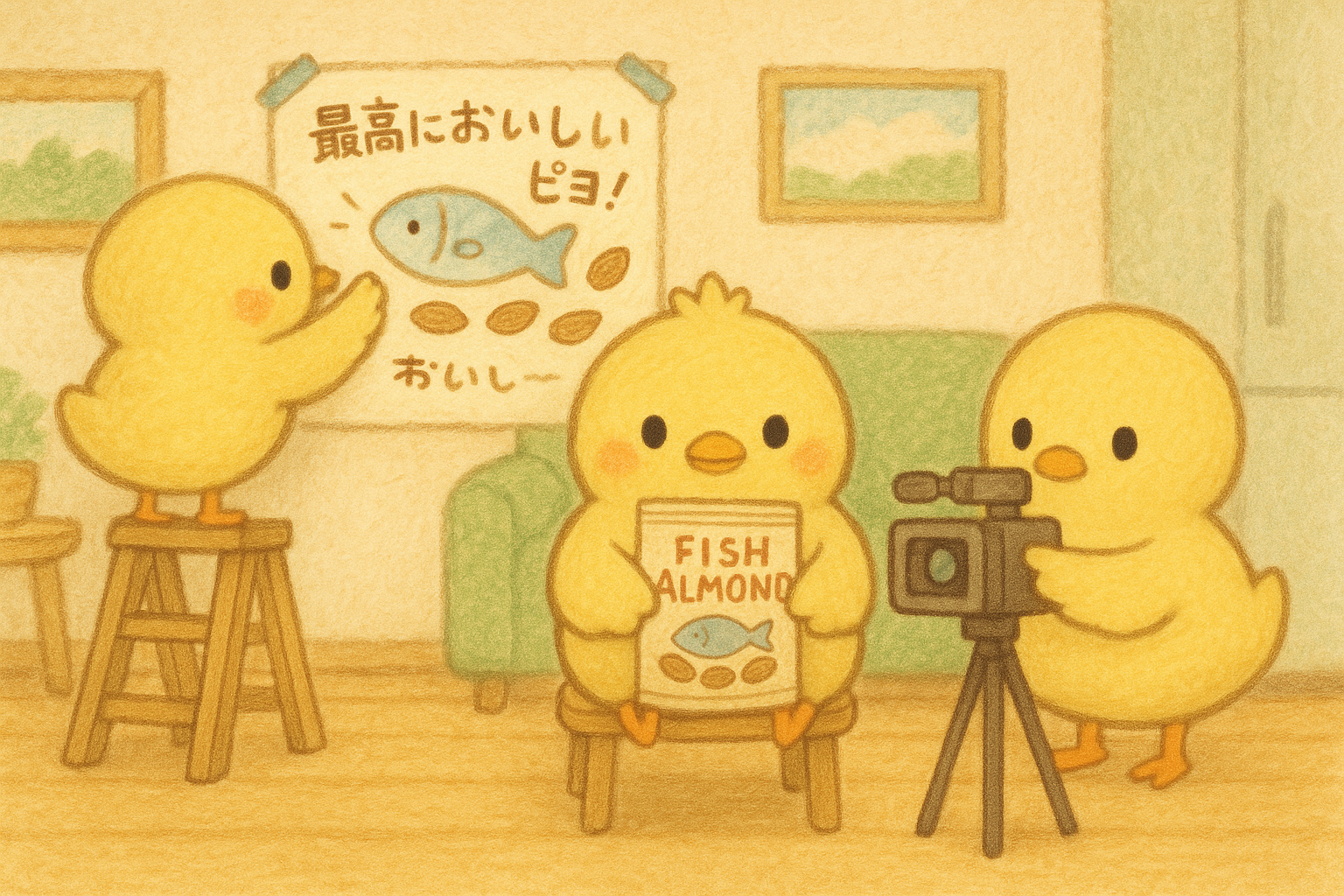 このイラストは、ヒヨコ三兄弟が部屋にいて、ヒヨコくんはカメラを持ち、ぴもんくんはフィッシュアーモンドのつつみを持っているピヨ。ひよたくんは椅子に乗って、壁にポスターを貼っているピヨ！ 