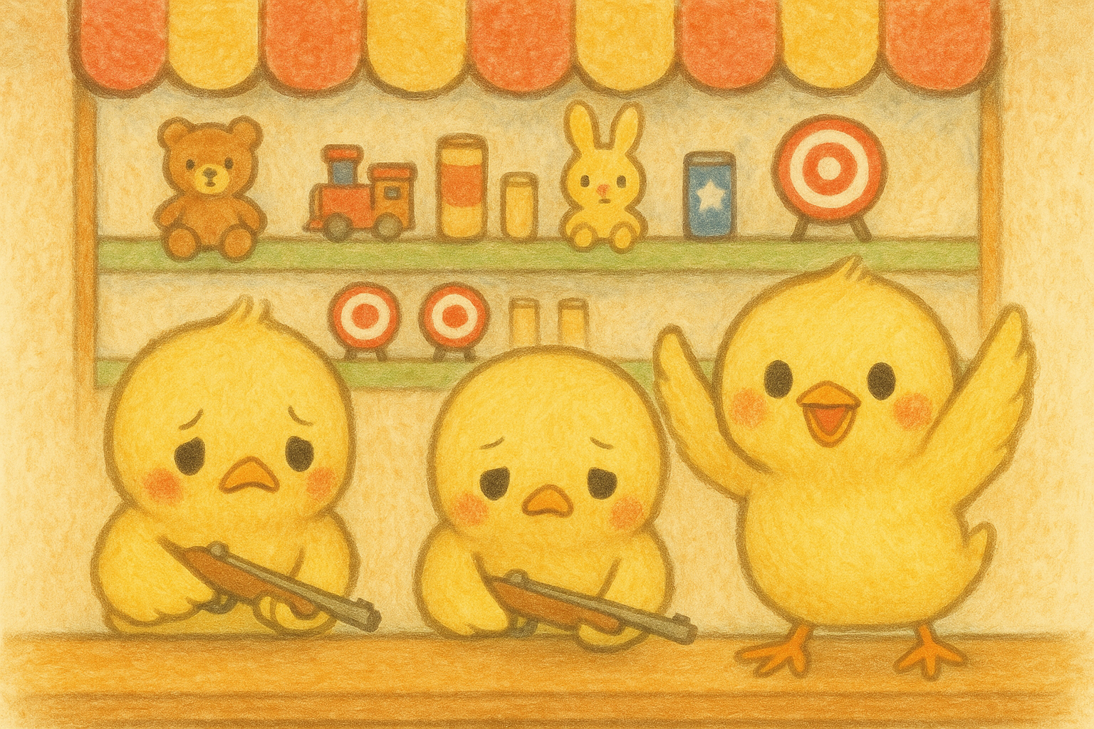 このイラストには、射的を成功して喜んでいるひよたくんと、失敗してガッカリしているヒヨコくん、諦めモードのぴもんくんが描かれているピヨ！
