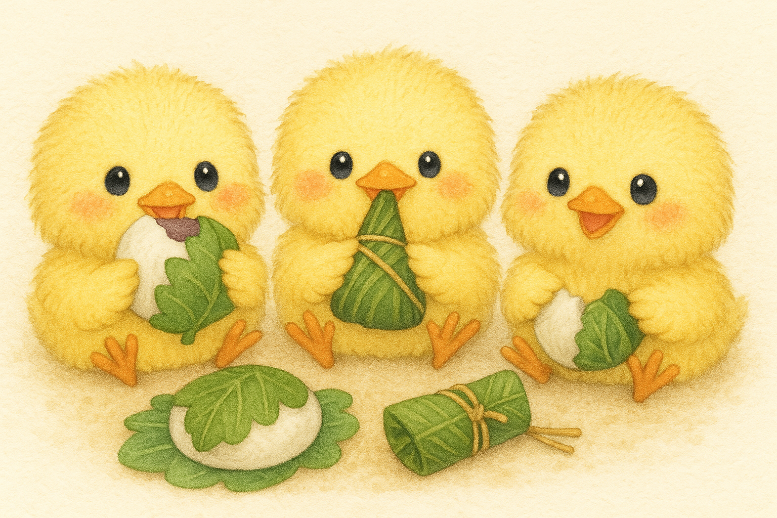 このイラストには柏餅やちまきを食べているヒヨコ三兄弟が描かれているピヨ！ヒヨコくん！ちまきは葉っぱをとってから食べようピヨね！