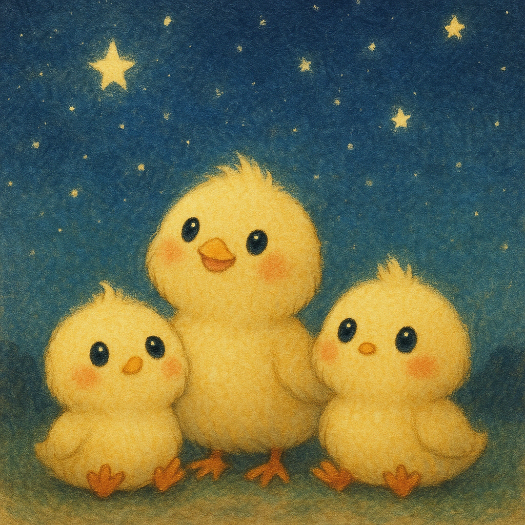 このイラストには、星空の下、胸を張って誇らしげなぴもんくんが描かれているピヨ！ぴもんくんの左右にはヒヨコくんとひよたくんがいて、キョトンとしているピヨ！