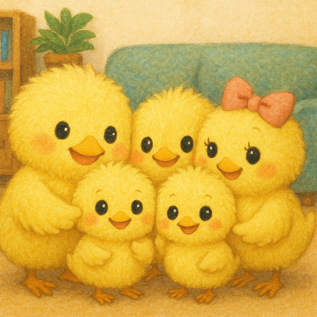 このイラストには、ヒヨコ三兄弟とパパとママが描かれているピヨ！三兄弟を中心に向かって左にパパ、右にママがいて兄弟を抱きしめているピヨ！
