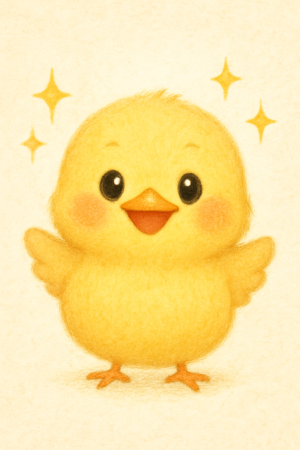このイラストには、キラッキラの笑顔のヒヨコくんが描かれているピヨ!めっちゃ可愛いピヨ!