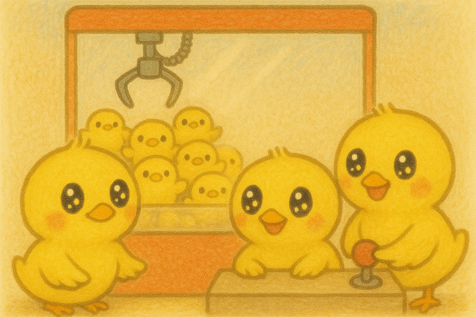 このイラストには、ヒヨコのクレーンゲームの前で、目をキラッキラに輝かせているヒヨコ三兄弟が描かれているピヨ！