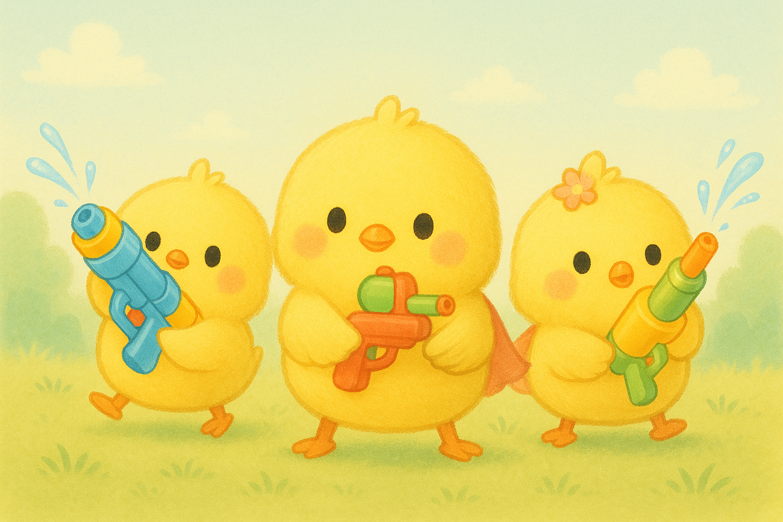 このイラストには、ヒヨコ三兄弟が水鉄砲を持ってかわいく構えているところが描かれているピヨ！ヒヨコくんはオレンジ、ぴもんくんは青、ひよたくんは緑色の水鉄砲を持っているピヨ！