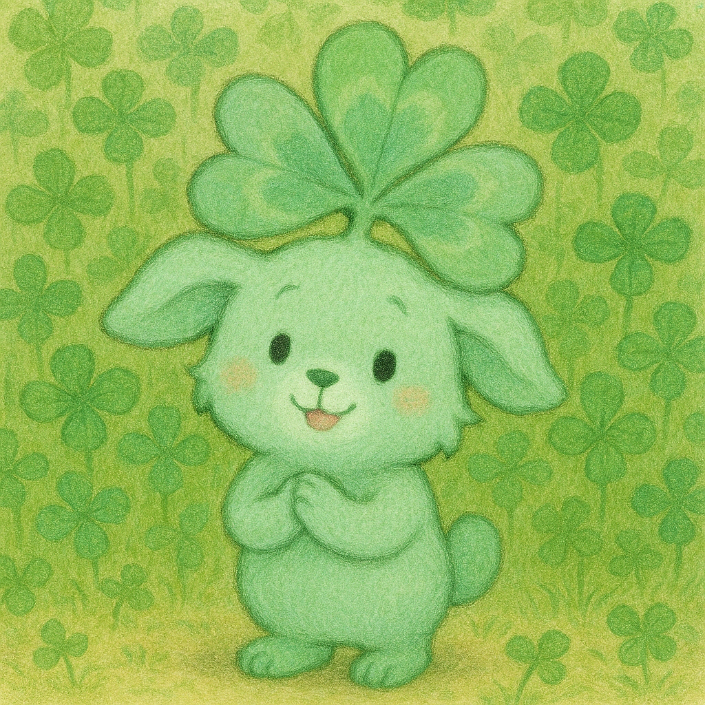 このイラストにはよつばちゃんが描かれているピヨ！よつばちゃんは頭に四葉のクローバーを乗せたリスやうさぎのような小動物のような見た目をしているピヨ！色はミントのような色です。
