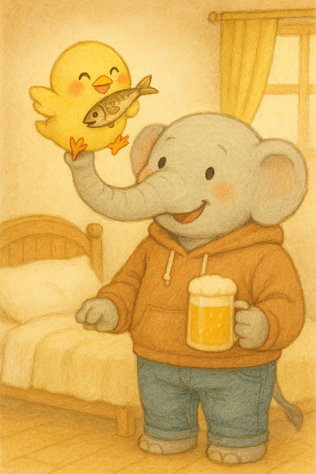 このイラストにはすーさんのお鼻につかまれて助け出されたぴもんくんが描かれているピヨ！助けてもらって嬉しそうピヨれ