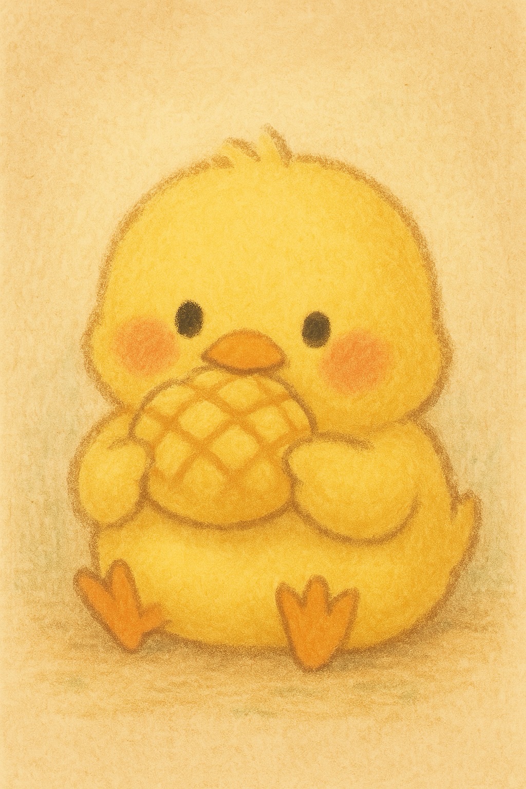 このイラストは、メロンパンに齧り付いているヒヨコくんピヨ！ほっぺがぷっくりピヨ！