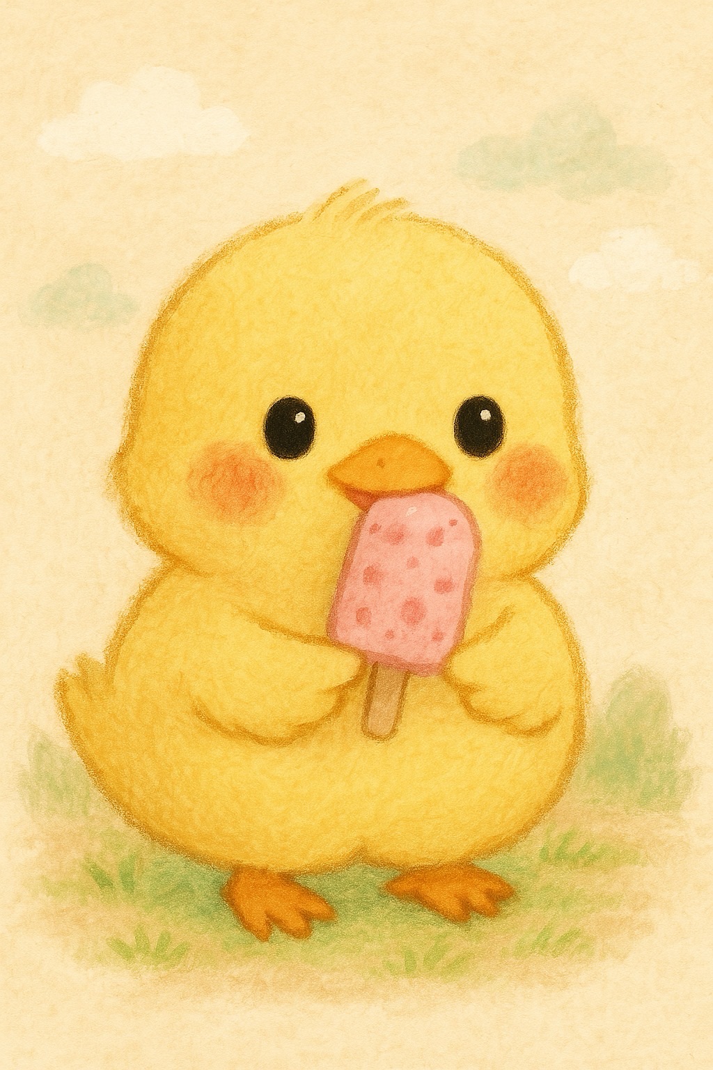 このイラストは、アイスを食べているヒヨコくんが描かれているピヨ！アイスのバーのところじゃなくて本体持ってるのはなんでピヨ？笑
