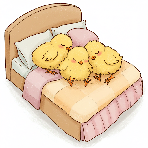 このイラストには、ベッドの上でスヤスヤ寝ているヒヨコ三兄弟が描かれているピヨ！仲良く寝てて可愛いピヨー！