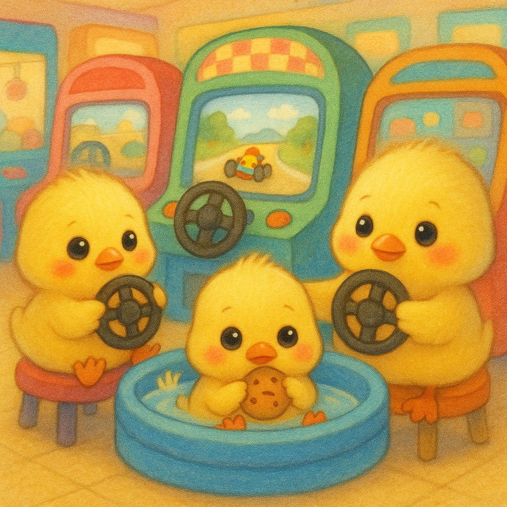 このイラストには、レースゲームを楽しむヒヨコたちが描かれているピヨ！みんなハンドルを握っているけど、一羽だけクッキーをハンドルっぽくもっているピヨ！