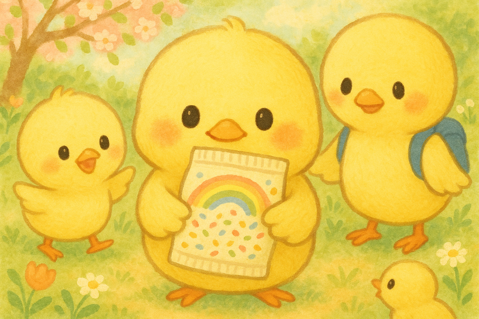 このイラストには、虹の絵がかいてあるフィッシュアーモンドのパッケージを持って、にっこりご満悦なぴもんくんが描かれているピヨ！