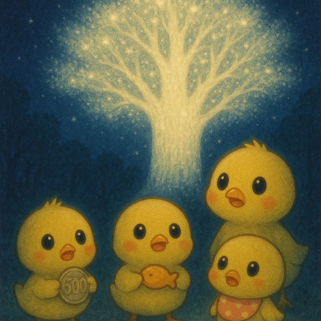 このイラストには、夜の森に白く光る大きな木と、感動して目を輝かせているヒヨコたちが描かれているピヨ