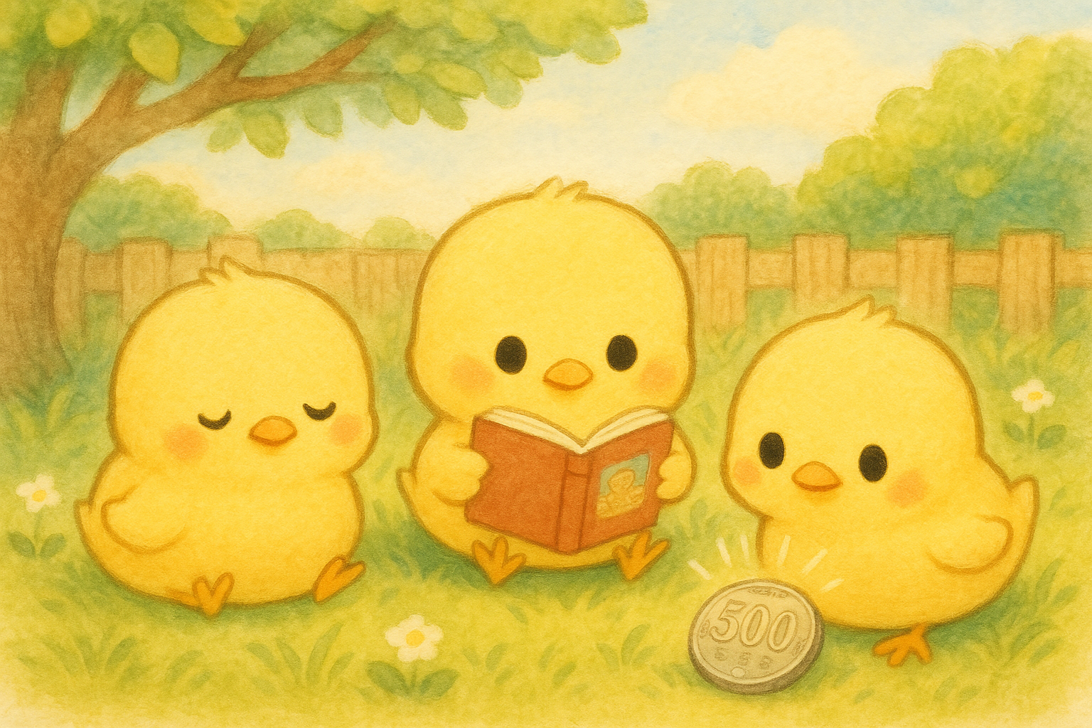 このイラストには、うとうとしているぴもんくん、一生懸命絵本を読んでいるひよたくん、500円玉をキラキラさせているヒヨコくんが描かれているピヨ！とても穏やかピヨ！