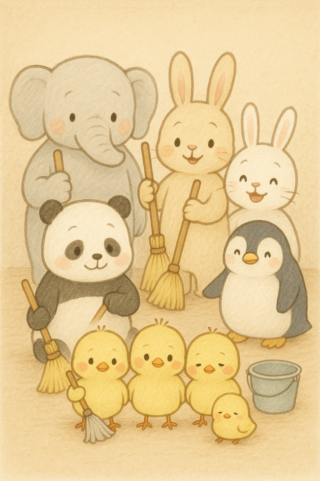 このイラストは、アニマルランドの仲間たちが掃除道具を持って集まっているところが描かれています。