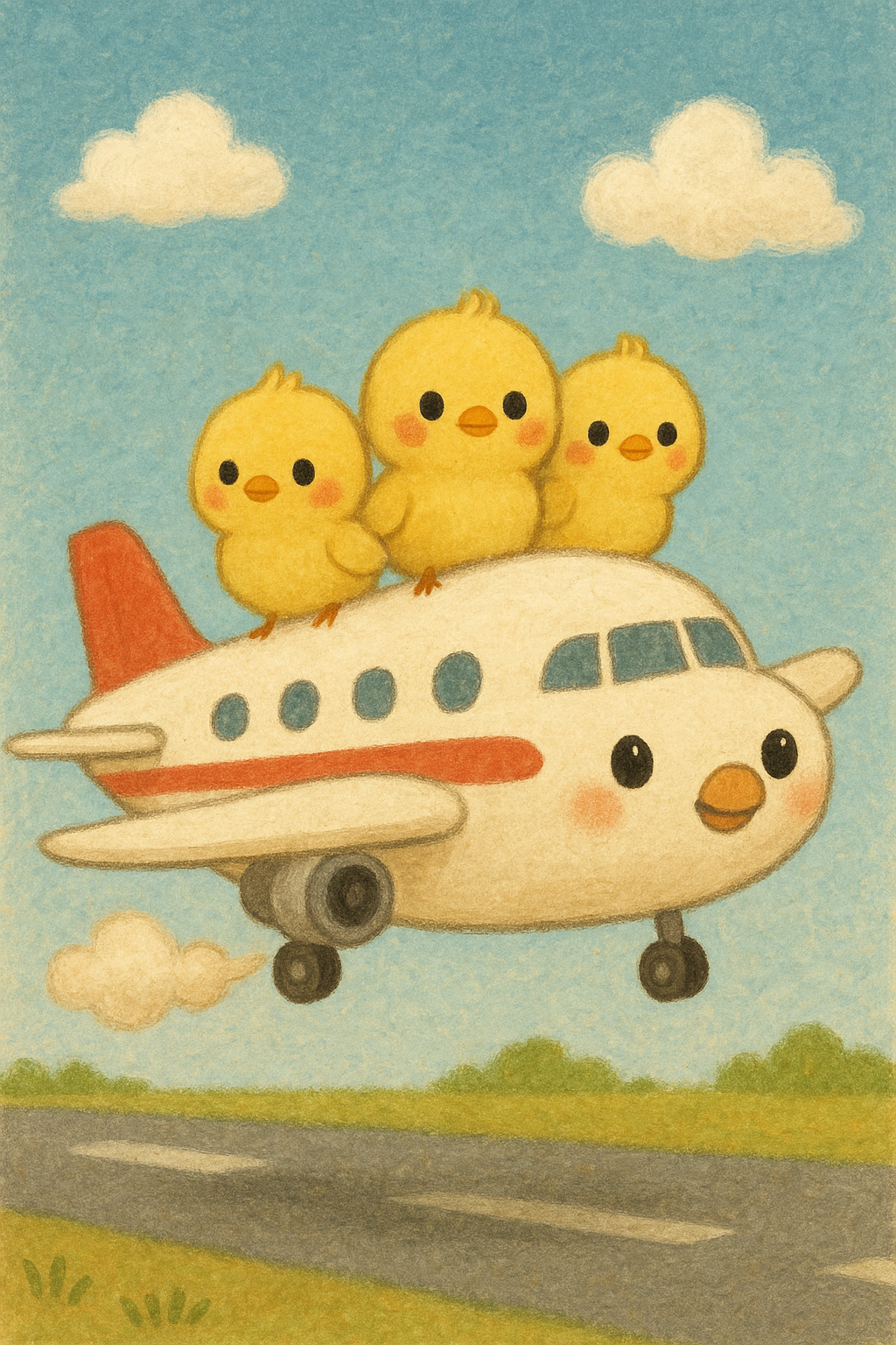 このイラストには、可愛い顔のついた飛行機にまたがるヒヨコ三兄弟が描かれています。