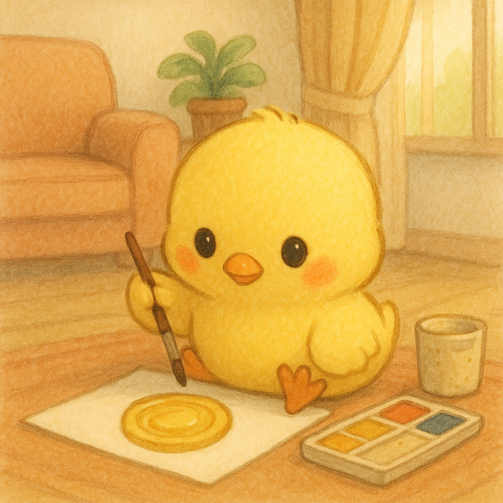 このイラストは、ヒヨコくんが大好きな500円玉を書こうとしたけれど、金貨を書いてしまった姿が描かれているピヨ