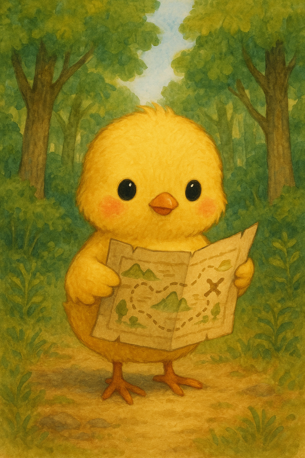 このイラストには、森の前で地図を広げているヒヨコくんが描かれているピヨ！