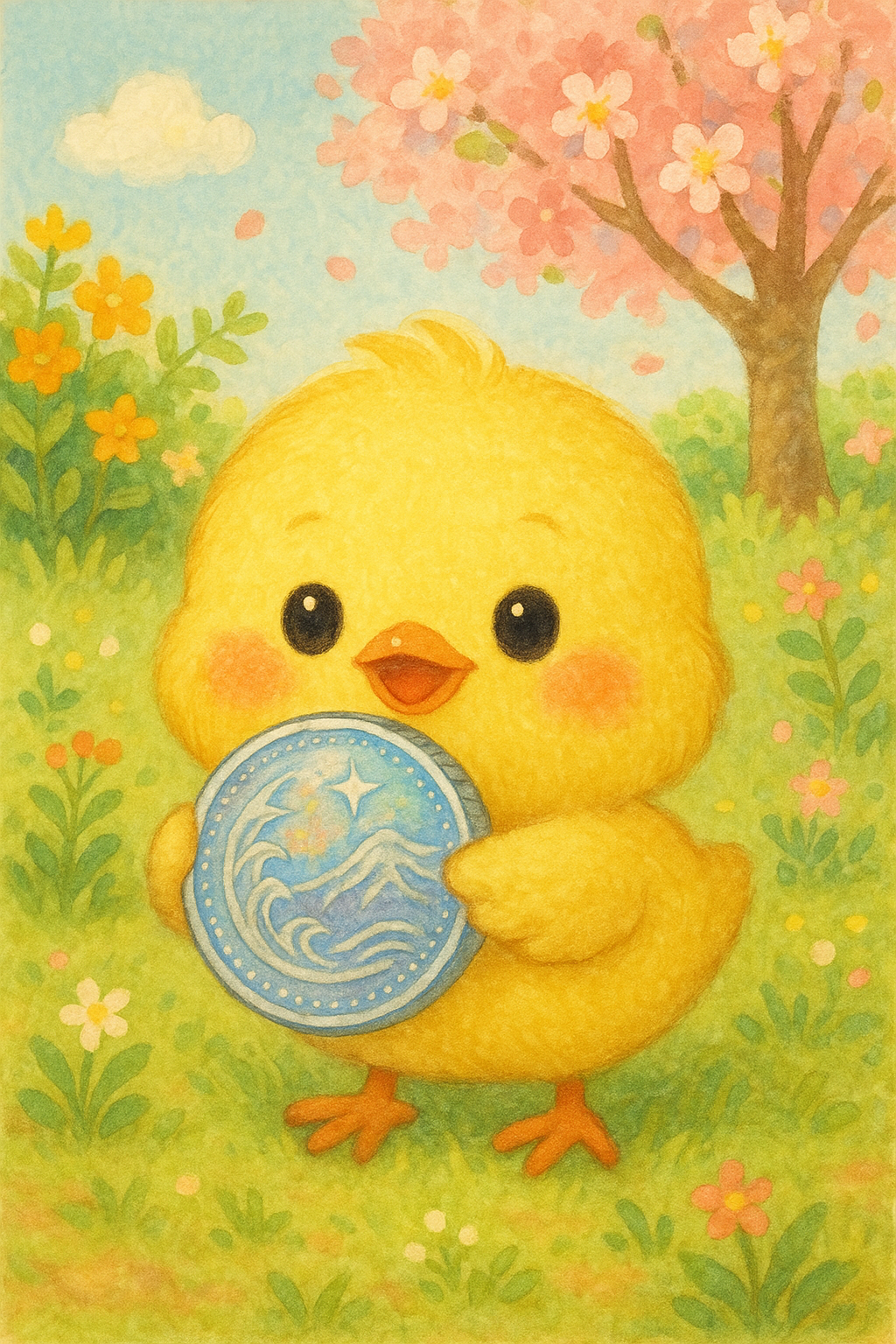 このイラストには、海外の青く光るコインをもらってご満悦なヒヨコくんが描かれているピヨ！にこにこしてて可愛いピヨね！