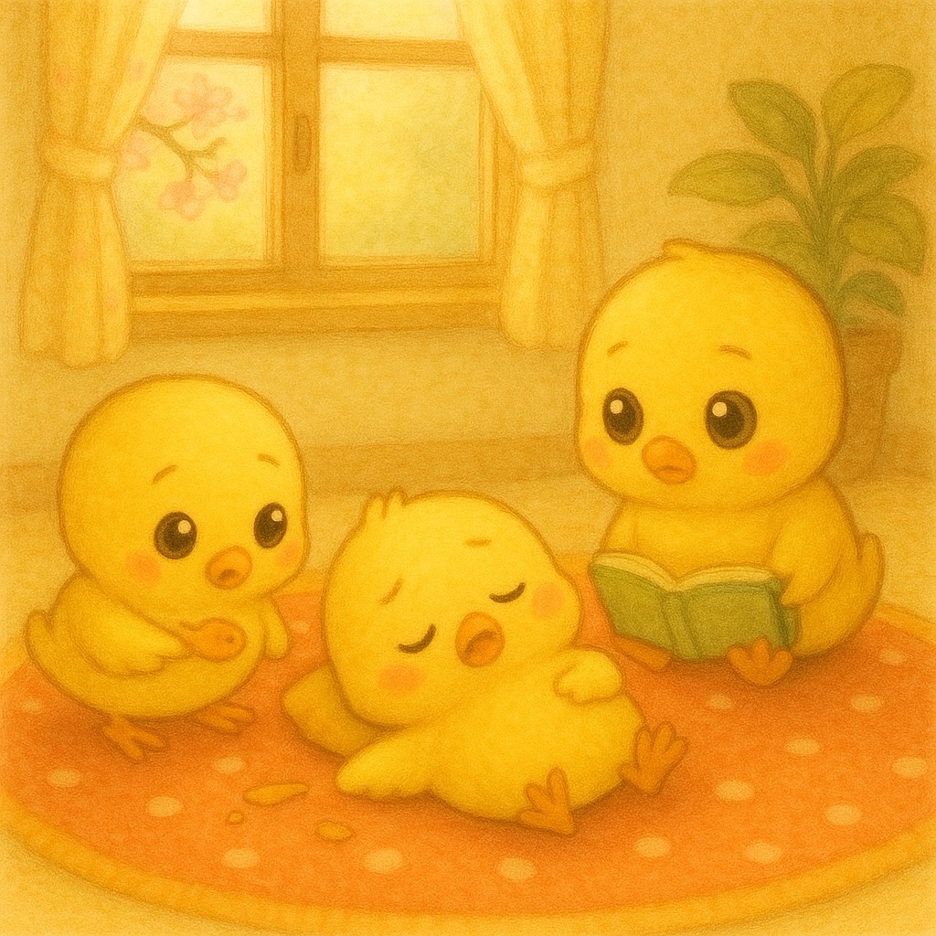 このイラストには、ラグの上でゴロンと転がっているヒヨコくん、アーモンドを抱えているぴもんくん、本を読んでいるひよたくんが描かれています。